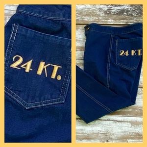 Vintage 80’s Le Poche straight leg jeans, 24 karat gold pocket, waist 22”